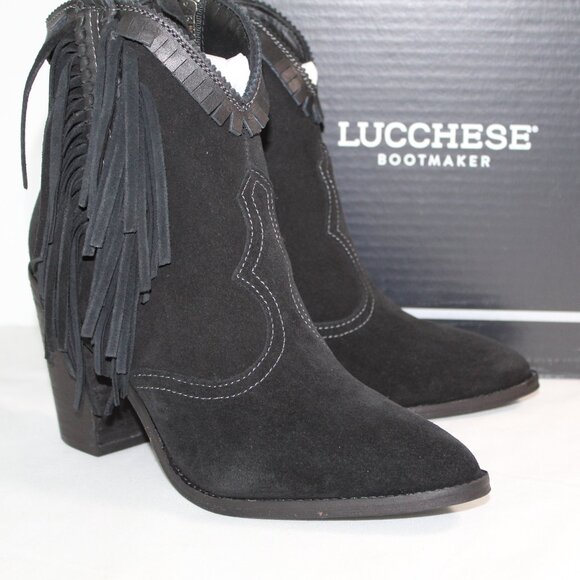 NWB Lucchese Sofia Fringe Heled Bootie Boots Western Cowboy Black Zip Suede - Picture 1 of 8